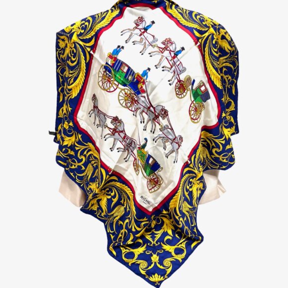 Rechel Accessories - RICHEL Paris  Silk Satin Scarf 34" blue gold white horse carriage, Italy Made(57